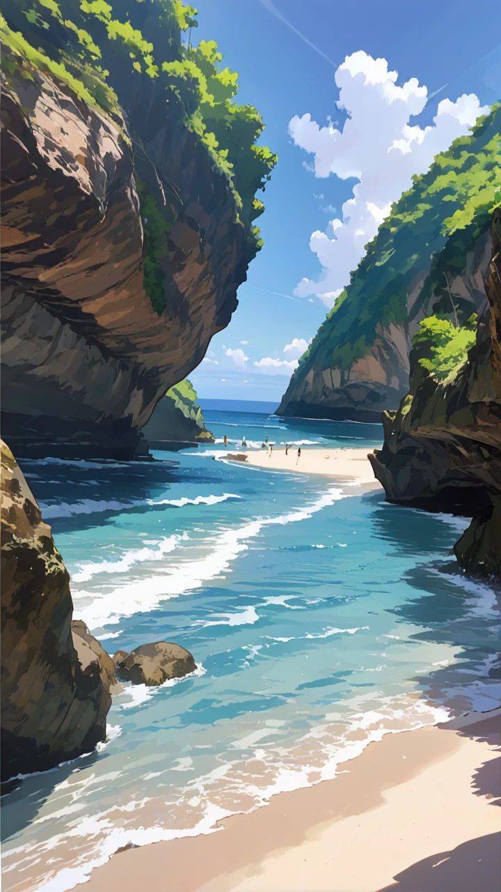 <lora:Pantai_Suluban_Beach:0.9>, (anime coloring, anime visual), masterpiece, best quality, high quality, ((view from ground)), Pantai_Suluban_Beach, beach, cliff, ocean, clear water, no humans