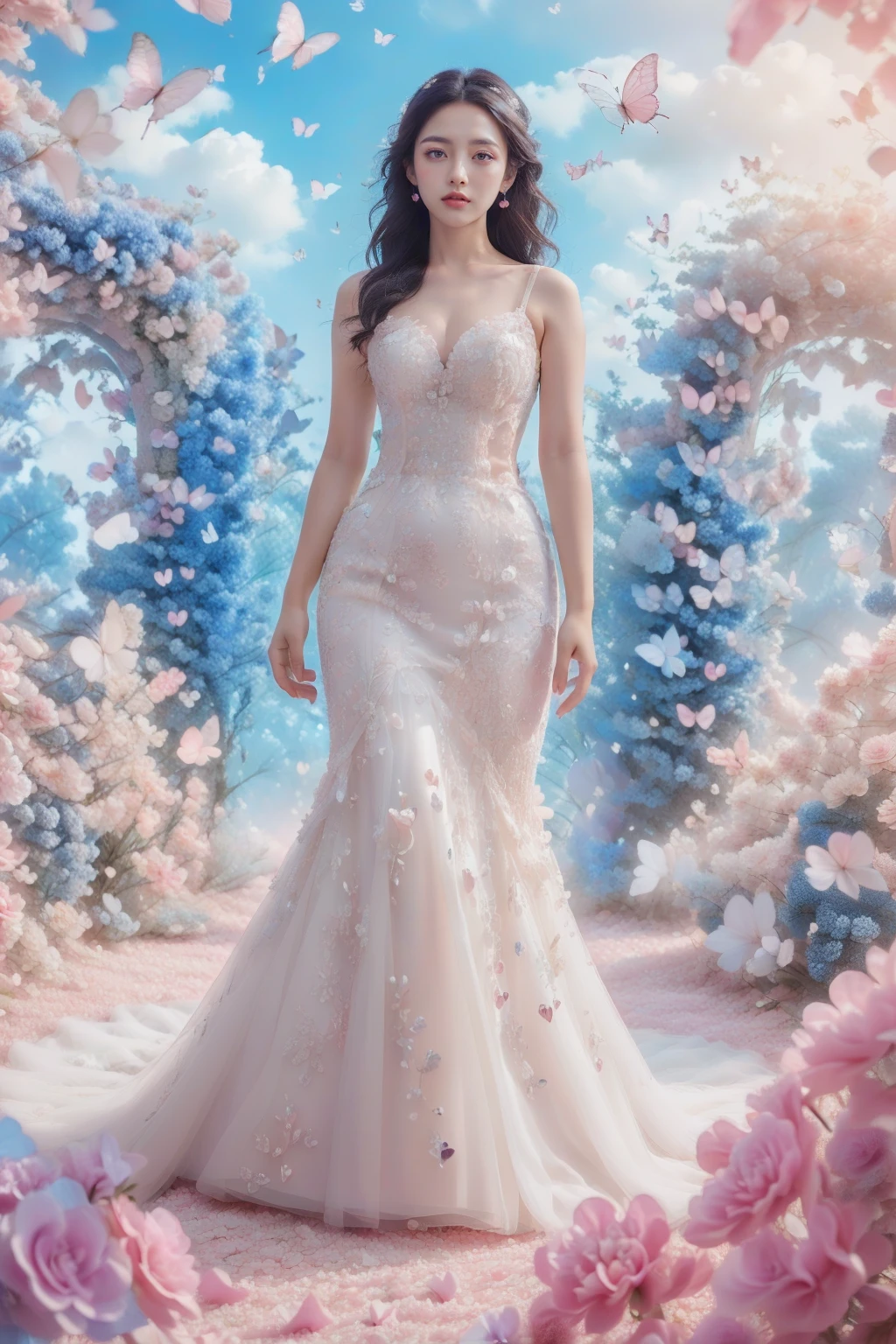 1girl, white wedding dress, looked at viewer,standing,((pink heart-shaped arch)),flying butterflies and pink flowers,fantasy, full body photo in a dreamy style, high-definition,photography,dreamy background,lighting shooting,soft lighting , super details,surrealism,panoramic style,princess dress, <lora:JAY - FLOWER GATE LOVER:0.8>, (best quality:1.3)