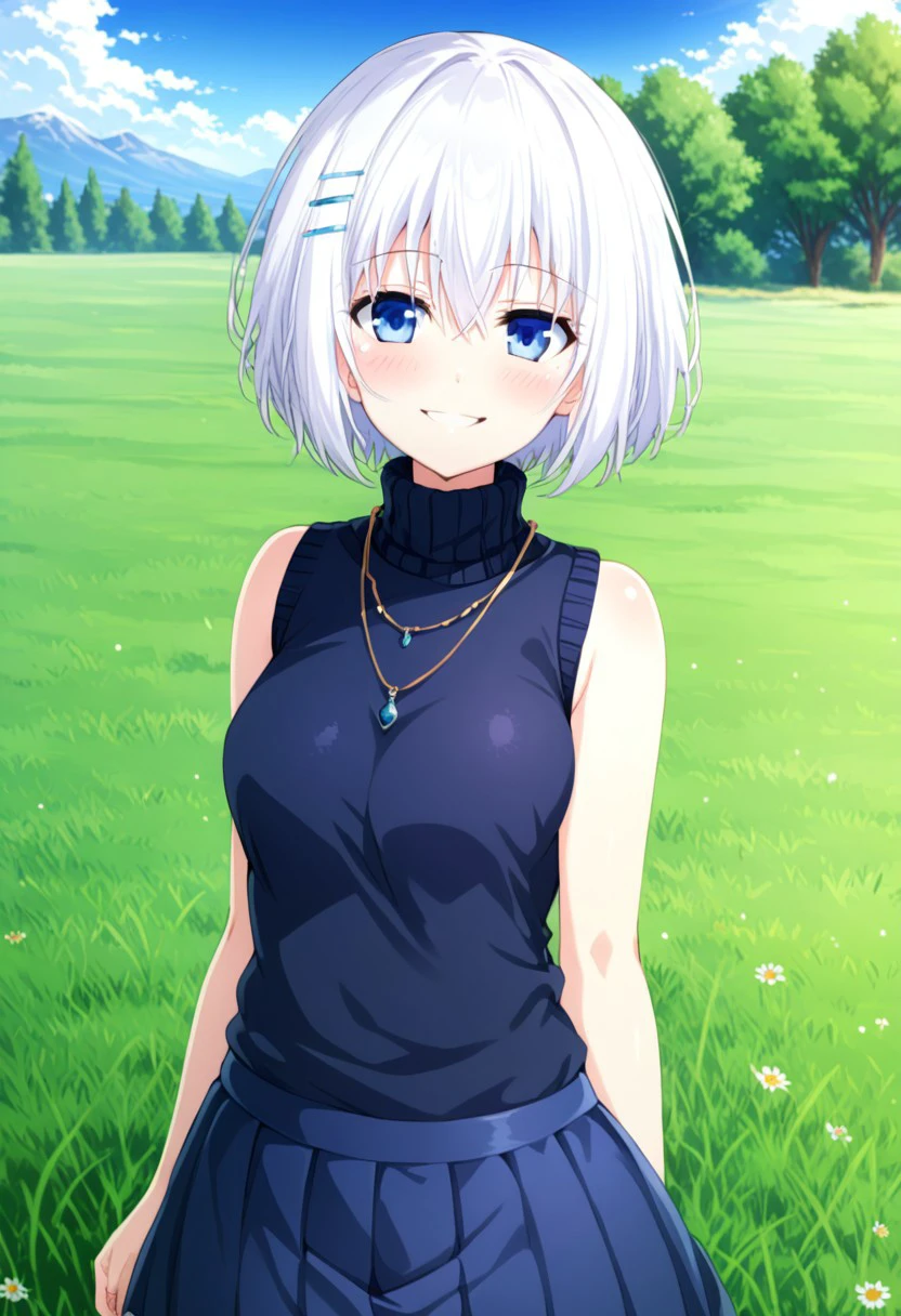 eye catching,masterpiece, best quality,
1girl, tobiichi, white hair, hair between eyes, short hair, bangs, blue eyes,  hair ornament,
necklace, skirt, sleeveless,  turtleneck,
smile, blush, solo, looking at viewer, grass, blue sky, meadow background