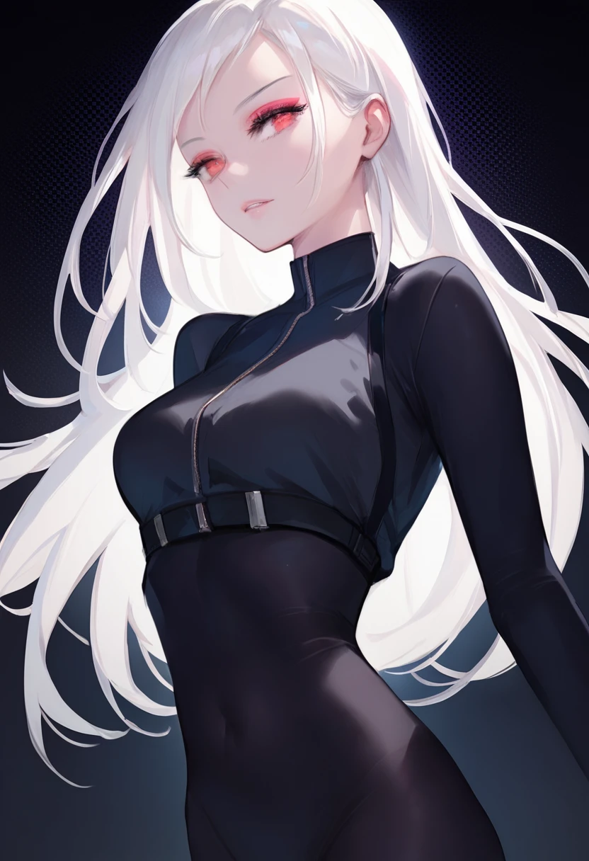 mgnn, score_9, score_8_up, score_7_up, score_6_up, 1girl, red eyes, black background, 1girl, dark, black bodysuit, suggestive pose, dynamic pose, moonlight, perfect female waist, halftone lighting, makeup, eyeliner, eyeshadow, mascara, detailed drawing