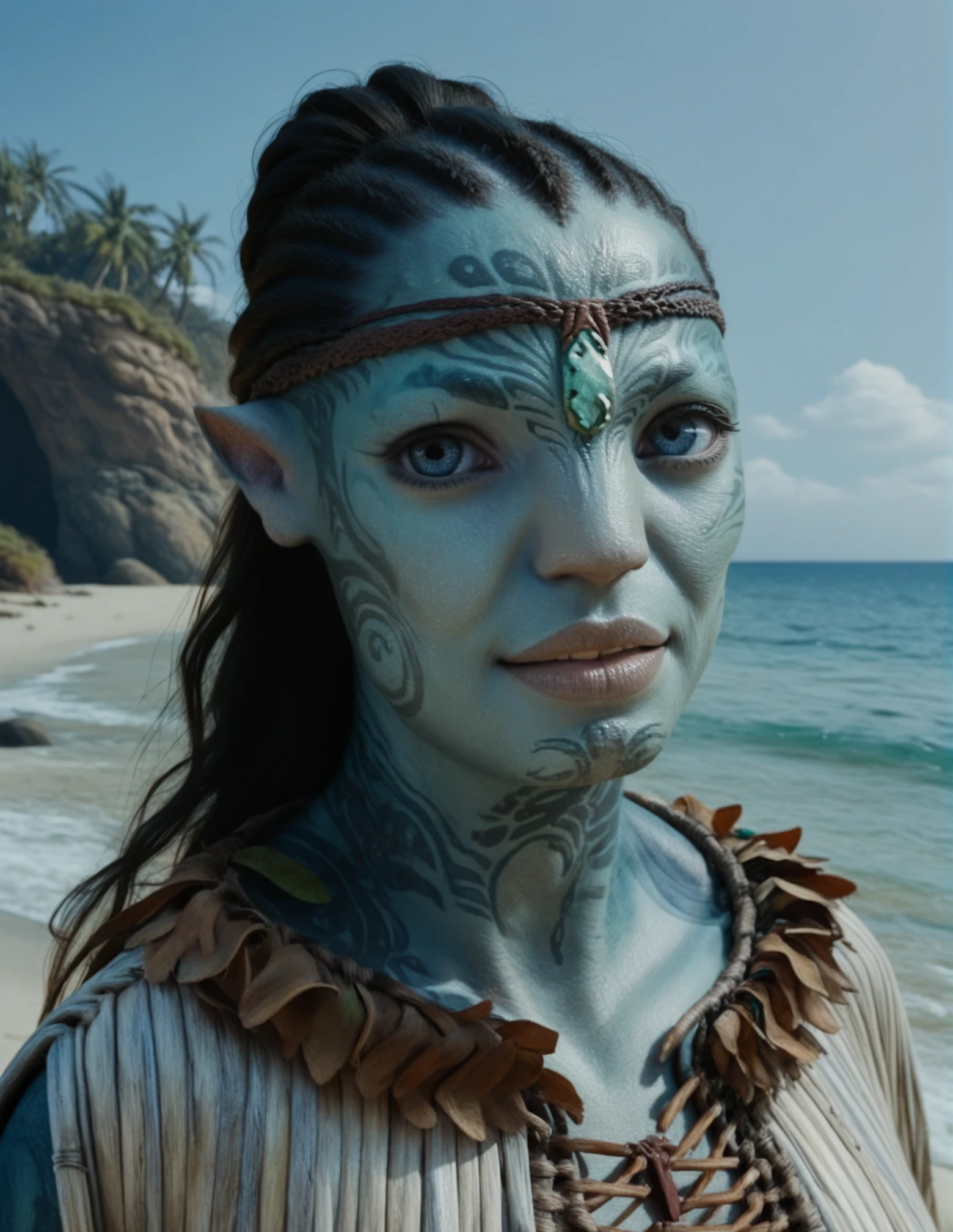 1girl, portrait, blue skin, headwear (Solo) <lora:Taunui_Tsàhik:0.85> taunui_tsahik, blue eyes, beach background (looking at the viewer), tattoos, green forehead gem