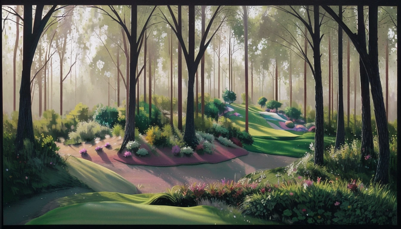 landscape of a Glittering Golf course, dense woods, at Sunrise, Direct light, Selective focus, illustration, perfect details, light particles, chromatic aberration, masterpiece, best quality, absurdres, highest quality, amazing details, hyper detail, dramatic light, intricate details yfogel
