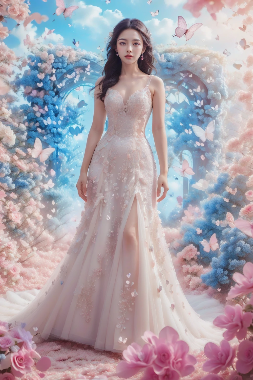 1girl, white wedding dress, looked at viewer,standing,((pink heart-shaped arch)),flying butterflies and pink flowers,fantasy, full body photo in a dreamy style, high-definition,photography,dreamy background,lighting shooting,soft lighting , super details,surrealism,panoramic style,princess dress, <lora:JAY - FLOWER GATE LOVER:0.8>, (best quality:1.3)