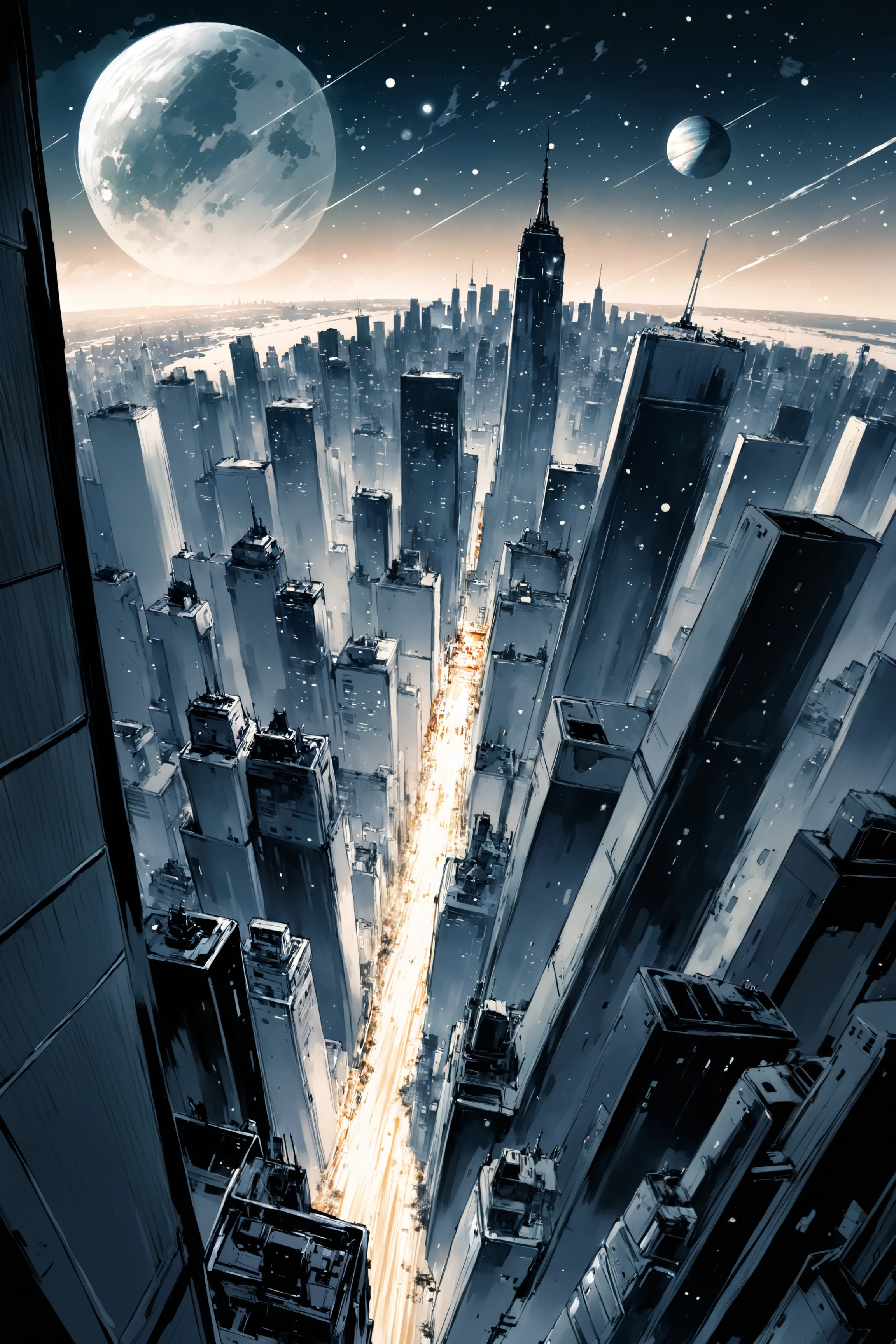 shinkawa youji style, a spaceship lost in deep space, find a new planet, breathtaking view of the new york skyline, masterpiece <lora:shinkawa_youji_xl_v1f:0.8>