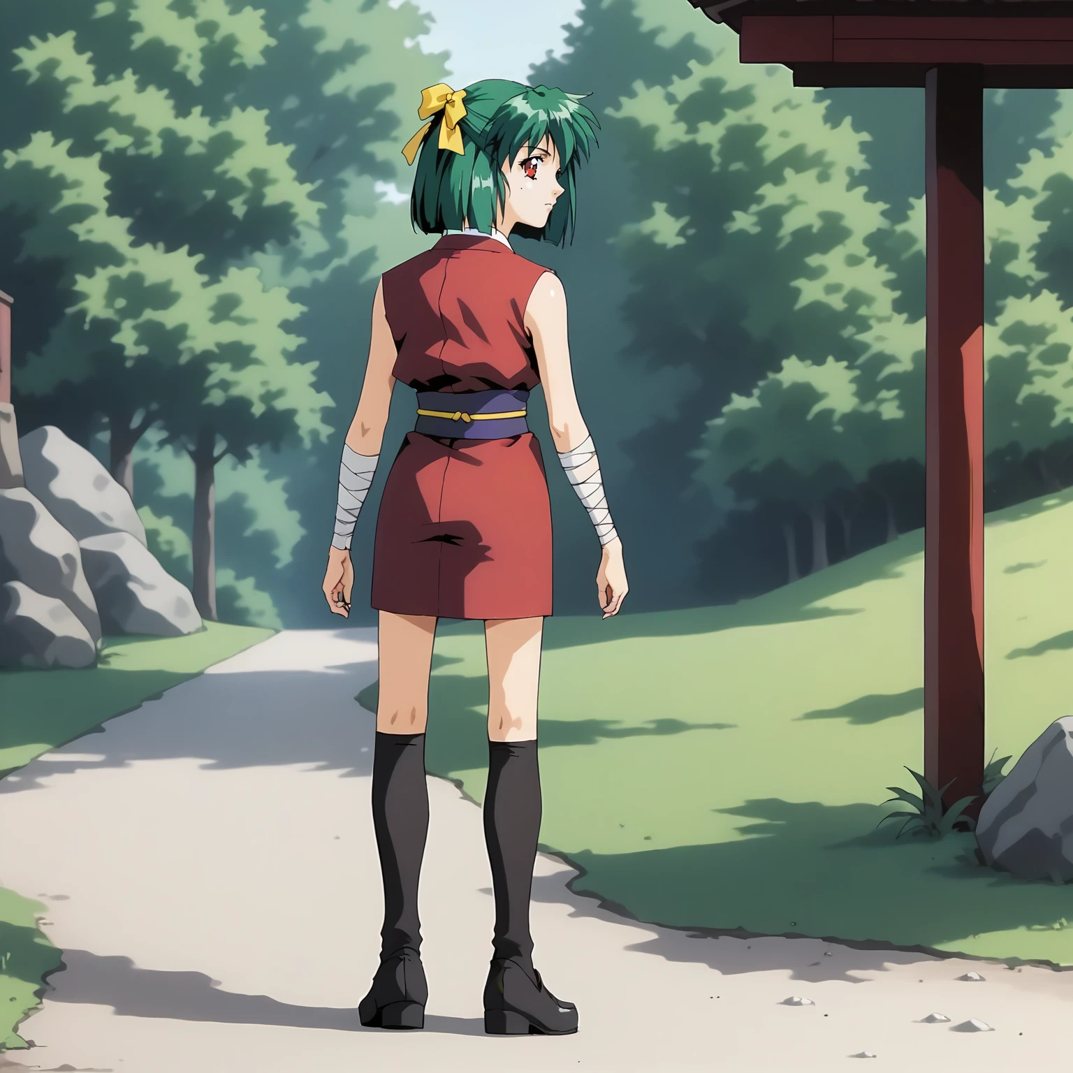 <lora:YakuXLpony003>,
solo,
Yaku,1girl,green_hair,short_hair,half updo,hair_ribbon,red_eyes,
short_kimono,sleeveless,
arm_bandages,
black thighhighs,black shoes,
standing,full body,looking back,
outdoors,