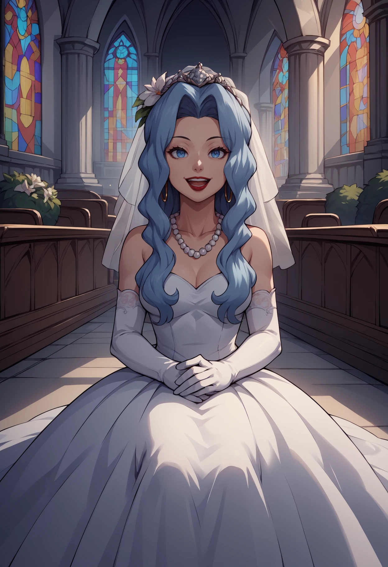 score_9, score_8_up,score_7_up, source_anime, 1girl, solo, <lora:Snq_pdxl_EliPot:1>, SQNA, long hair, blue hair, blue eyes, mature female,
 hoop earrings, red lips, bride, wedding dress, bridal veil, white dress, hair ornament, white flower, pearl necklace, indoors, church, pillar, bush, sitting, arm support, elbow gloves, white gloves, long dress, jewelry, arch, smile, open mouth