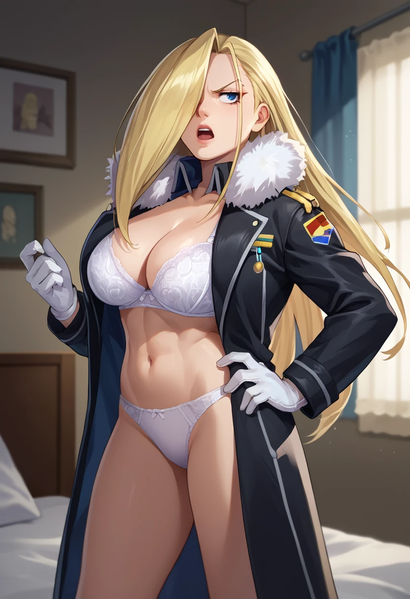 score_9, score_8_up, score_7_up, source_anime, solo, 1girl, olivier armstrong, open mouth, looking away, standing, hand on own hip, hair over one eye, amestris military uniform, fur trim, black coat, fur-trimmed coat, open coat, long sleeves, white gloves, underwear, white bra, white panties, cleavage, large breasts, indoors, bedroom <lora:fma_olivierarmstrong_ponyXL:1>