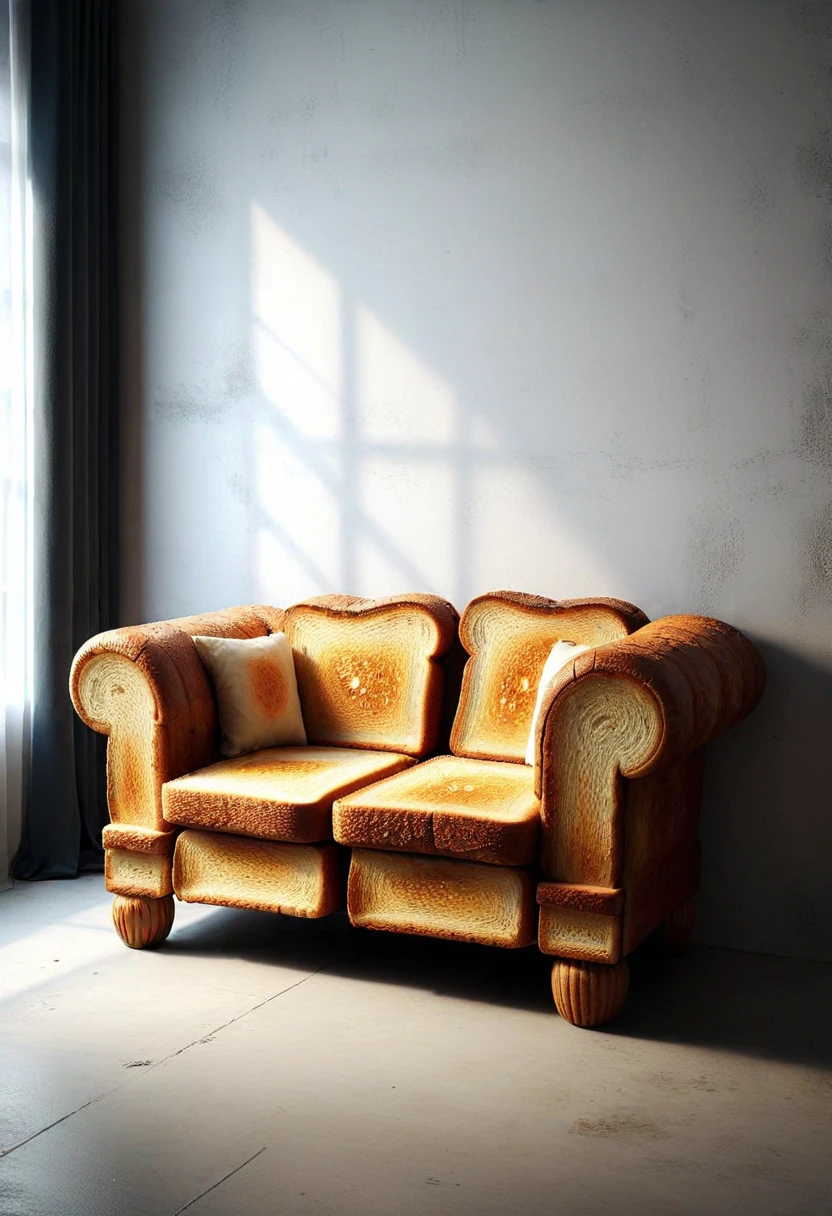 T04STS, a couch made of toasts, set in a living room, ,Masterpiece,best quality, raw photo, realistic, very aesthetic