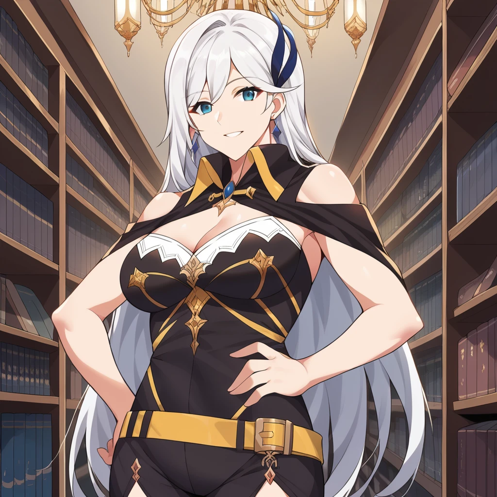 score_9_up, score_8_up, score_7_up, source_anime, masterpiece, best quality, 1girl, solo, Cecilia, Cecil_Def, night time, window, book shelves, chandelier, standing, hand on hip, looking at you, smile, long hair, white hair, blue eyes, hair ornament, black dress, black shorts, yellow belt, high collar, black short capelet, cleavage, shoulder cutout, black thighhighs, bare shoulders, earrings, mature body, dynamic cowboy shot, indoors, library background,