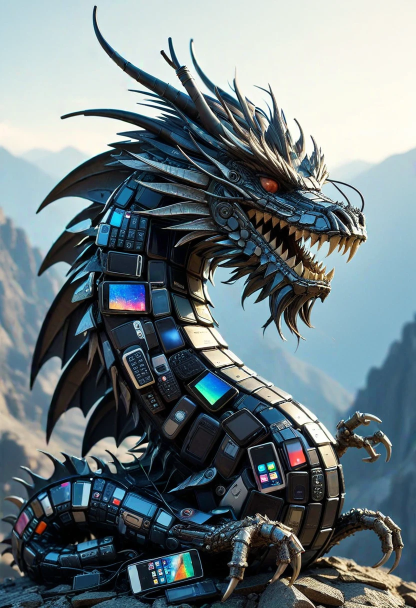 C3LLPH0N3S, a dragon made of cell phones,  set in at the mountain ,Masterpiece,best quality, raw photo, realistic, very aesthetic