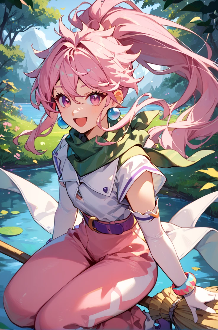 score_9, score_8_up, score_7_up, source_anime, 
forest, lake,
open smile, looking at viewer, 
<lora:arche_autismConfetti_v02:1>archebase, pink hair, wide ponytail, pink eyes,  long hair, earring,
white shirt, belt, pink pants, puffy pants, elbow gloves, purple belt, bracelet, green short scarf,  footwear,
broom riding,, zPDXL