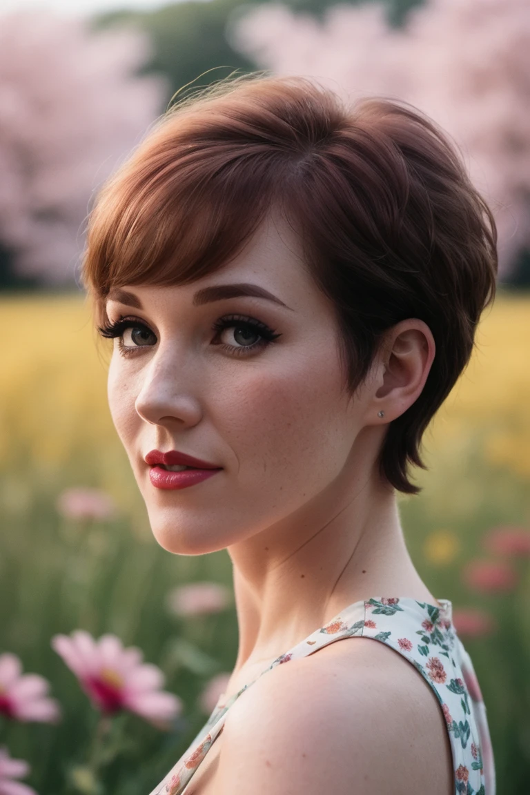 julieandrews,  ((detailed skin, detailed face):1.2), ((detailed eyes, beautiful eyes):1.2), ((dark red hair)), ((red lipstick, eyeliner, eye shadow, blush)), ((short hair, pixie cut)), ,photo of a woman, RAW, close portrait photo, ((beautiful floral print sundress)),((short hair, pixie cut)), ((outdoors, gorgeous meadow, walking)),  8k uhd, dslr, soft lighting, high quality, film grain, Fujifilm XT3 sharp focus, f 5.6,, slight smile, ((detailed eyes, beautiful eyes, detailed face, beautiful face)),