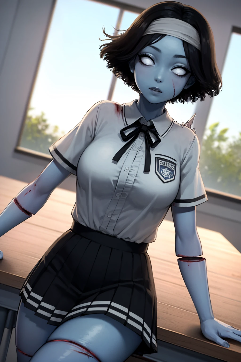 masterpiece, best quality,
1girl, spdbdl, black hair, short hair, white eyes, no pupils, blue skin,
headband, pleated skirt, school uniform, white shirt, black thighhighs, torn clothes, blood on clothes, 
solo, looking at viewer, grass, blue sky, indoors, desk, classroom background  <lora:SpiritDeadByDaylight:1>