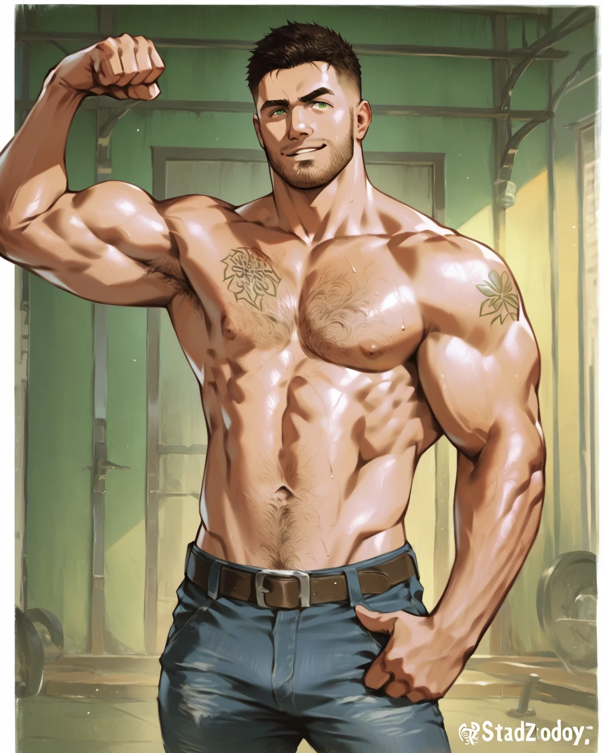 score_9, score_8_up, score_7_up, score_6_up, seamus, 220lbs of weight, muscular, chest hair, pectorals, navel hair, jeans, belt, green eyes, nude, sweaty, sweat, shiny skin, armpit hair, (flexing), front view, smug, arrogant smug, standing, realistic, pec tattoo, dizdoodz style<lora:EMS-417275-EMS:0.700000>, <lora:EMS-402186-EMS:0.700000>, <lora:EMS-431591-EMS:0.750000>