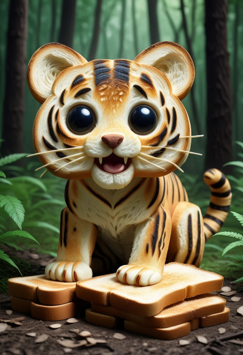 T04STS, a cute tiger is made of toasts, big eyes,  roaring and attacking birds, set in the forest, ,Masterpiece,best quality, raw photo, realistic, very aesthetic