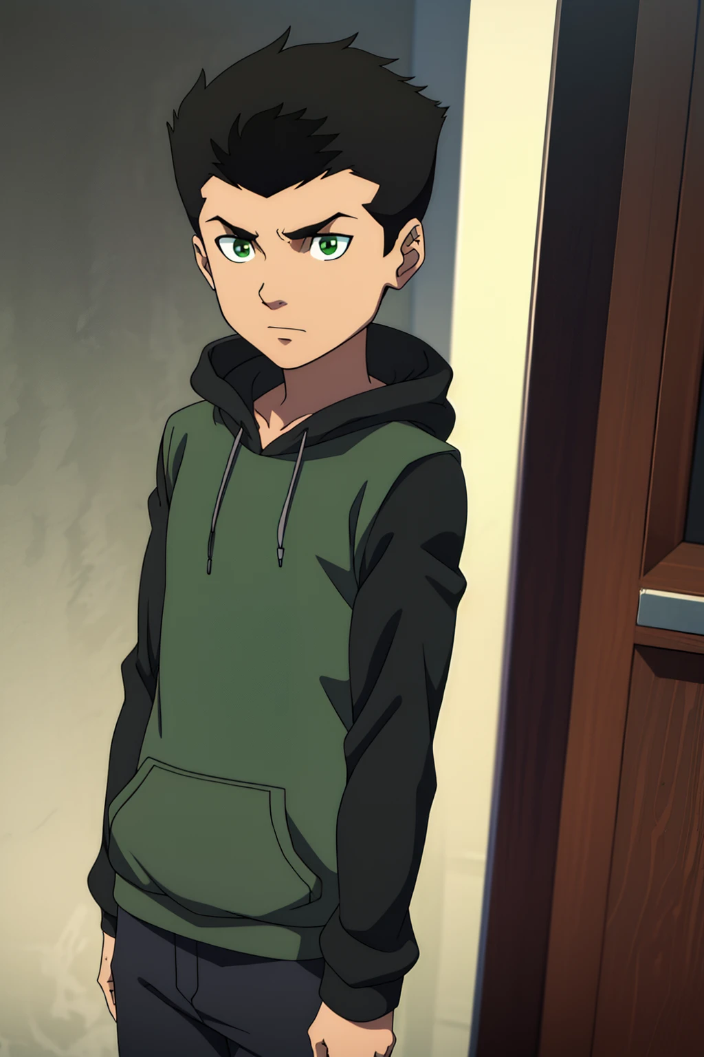 Damian_wayne,1boy,solo,black hair,short hair,green eyes,hoodie,higres,absurdres,masterpiece,best quality