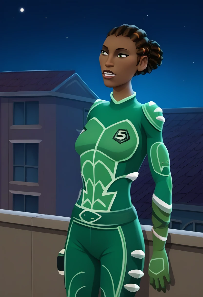 score_9, score_8_up, score_7_up,score_6_up, source_realistic, roof, night, ultra detailed, high quality, rating_safe,
BREAK
agura ibaden, dark skin, green bodysuit, dreadlocks, hair_bun, <lora:agura:1>