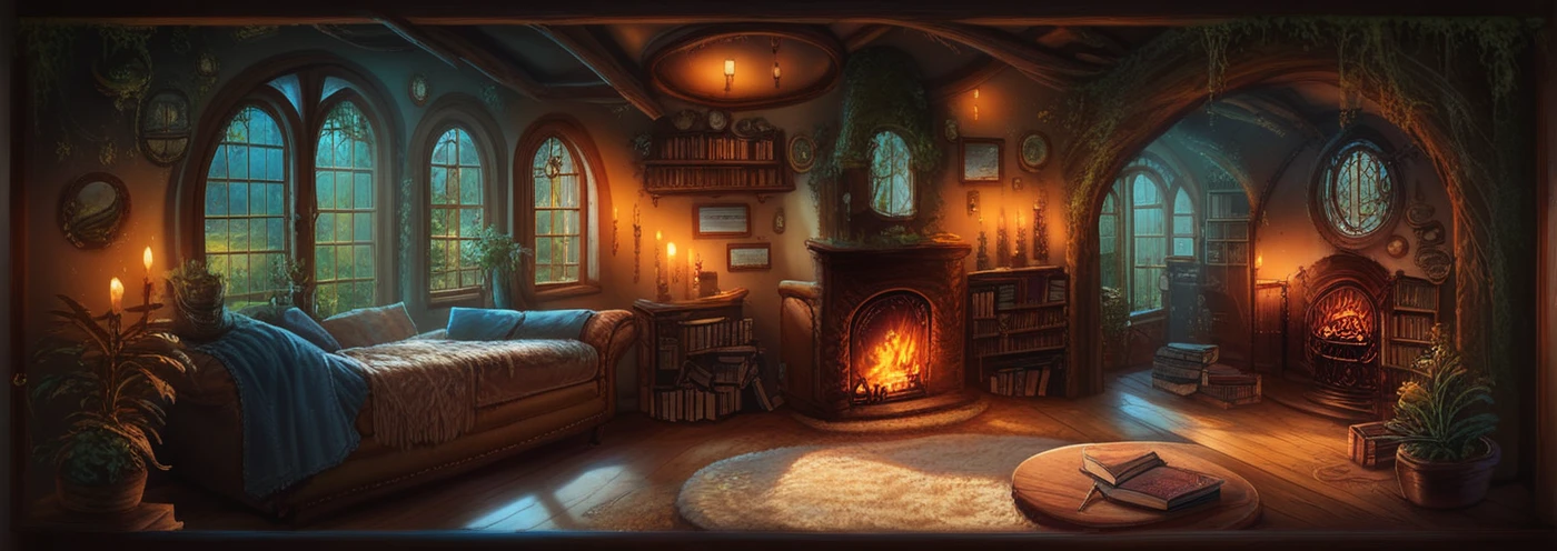 score_9, score_8_up, score_7_up,     realistic lighting, detailed background, sun rays,
 <lora:Cozy_Fantasy:1>,
cozy fantasy, room interior, fireplace, round window, candles, day,bookshelves, wild plants, fur rug, wines, window center, moss,