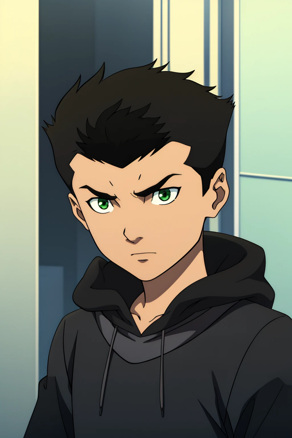 Damian_wayne,1boy,solo,black hair,short hair,green eyes,hoodie,higres,absurdres,masterpiece,best quality