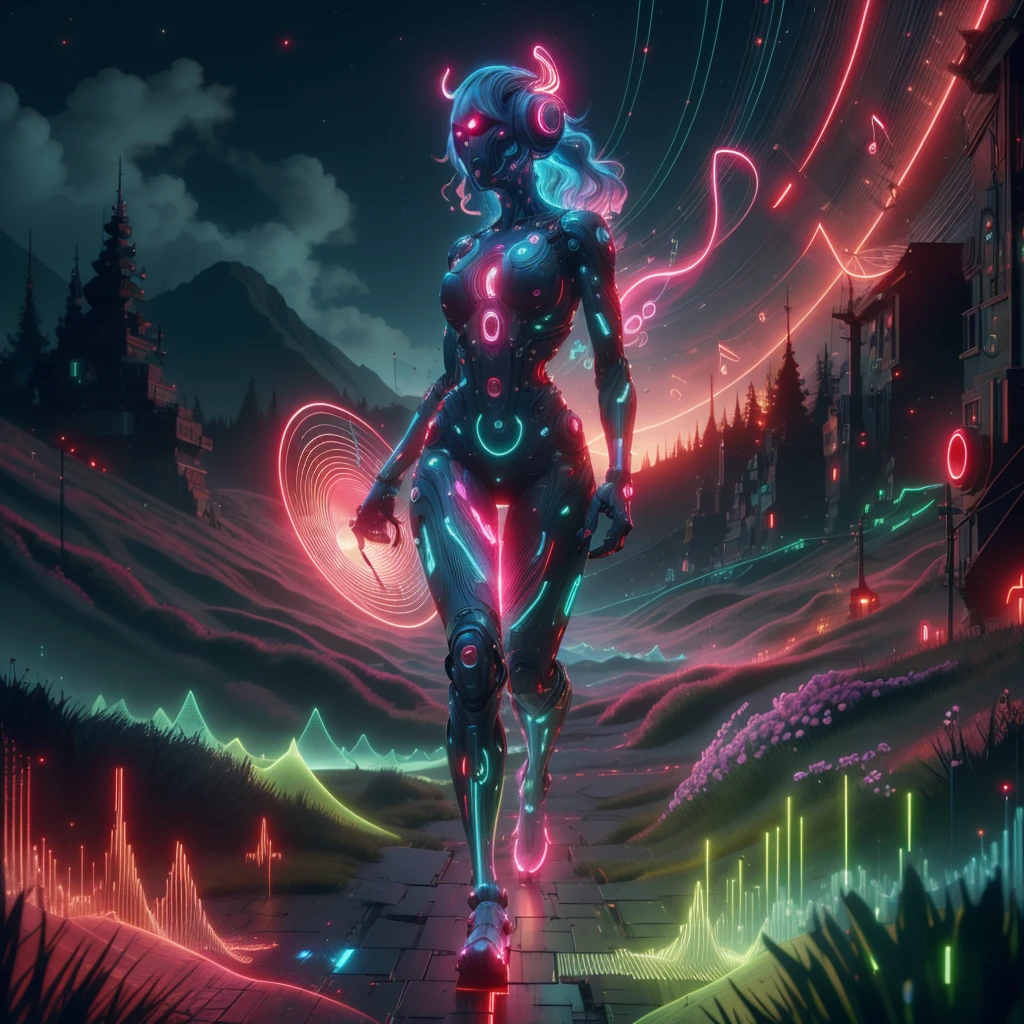 <lora:NaviSoundwaveTech:0.8> soundwavetech ,scifi, digital music,glowing frequencies,
synthetic girl, monster girl, hills, scenery,walking,full body, flowers, long hair,