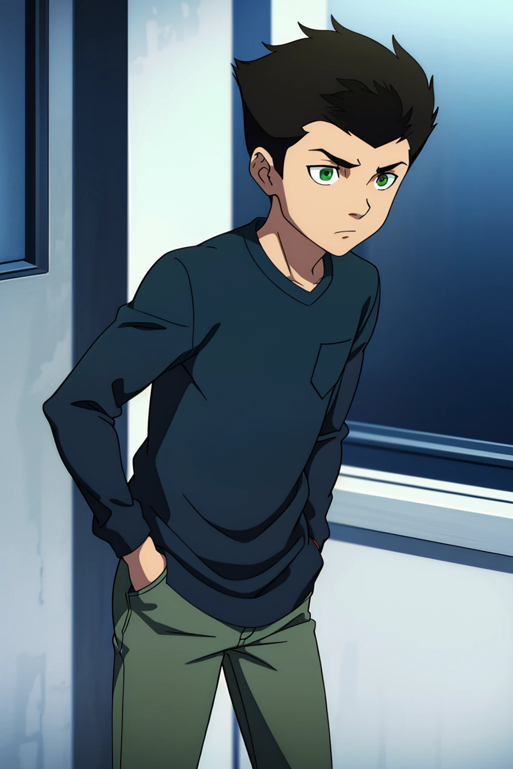 Damian_wayne,1boy,solo,black hair,short hair,green eyes,blue shirt,long slevless,pants,hands in pockets,higres,absurdres,masterpiece,best quality