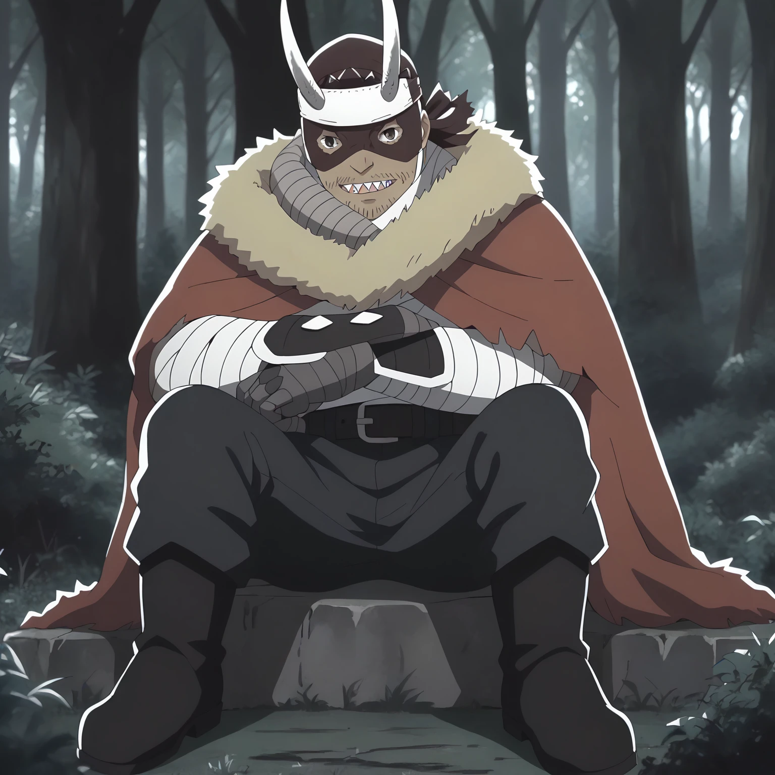 <lora:IBtSWTFF_AshuraXLpony001>,
solo,
Ashura,1boy,mask,horned headwear,headband,brown eyes,sharp teeth,
fur-trimmed cape,
white shirt,
bandages arms,gauntlets,
black belt,black pants,
boots,
outdoors,nature,
sitting,