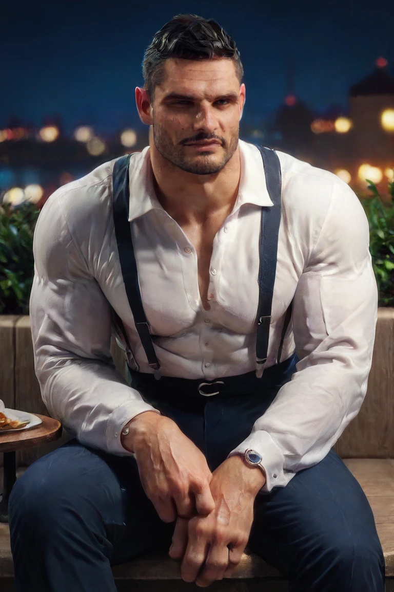 score_9, score_8, score_7, Florent_Mana, male, muscular male,1boy,sitting on restaurant at night, dress shirt, suspenders,facial hair, pants, solo male<lora:EMS-434384-EMS:0.850000>