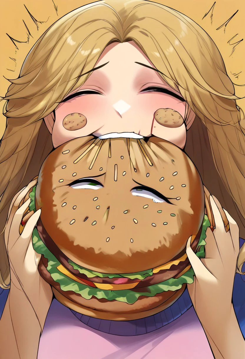 1 hamburger, living hamburger, hamburger focus, 1 woman, holding up hamburger to mouth, mouth open, bite taken out of hamburger, bite mark on hamburger, woman eating hamburger,