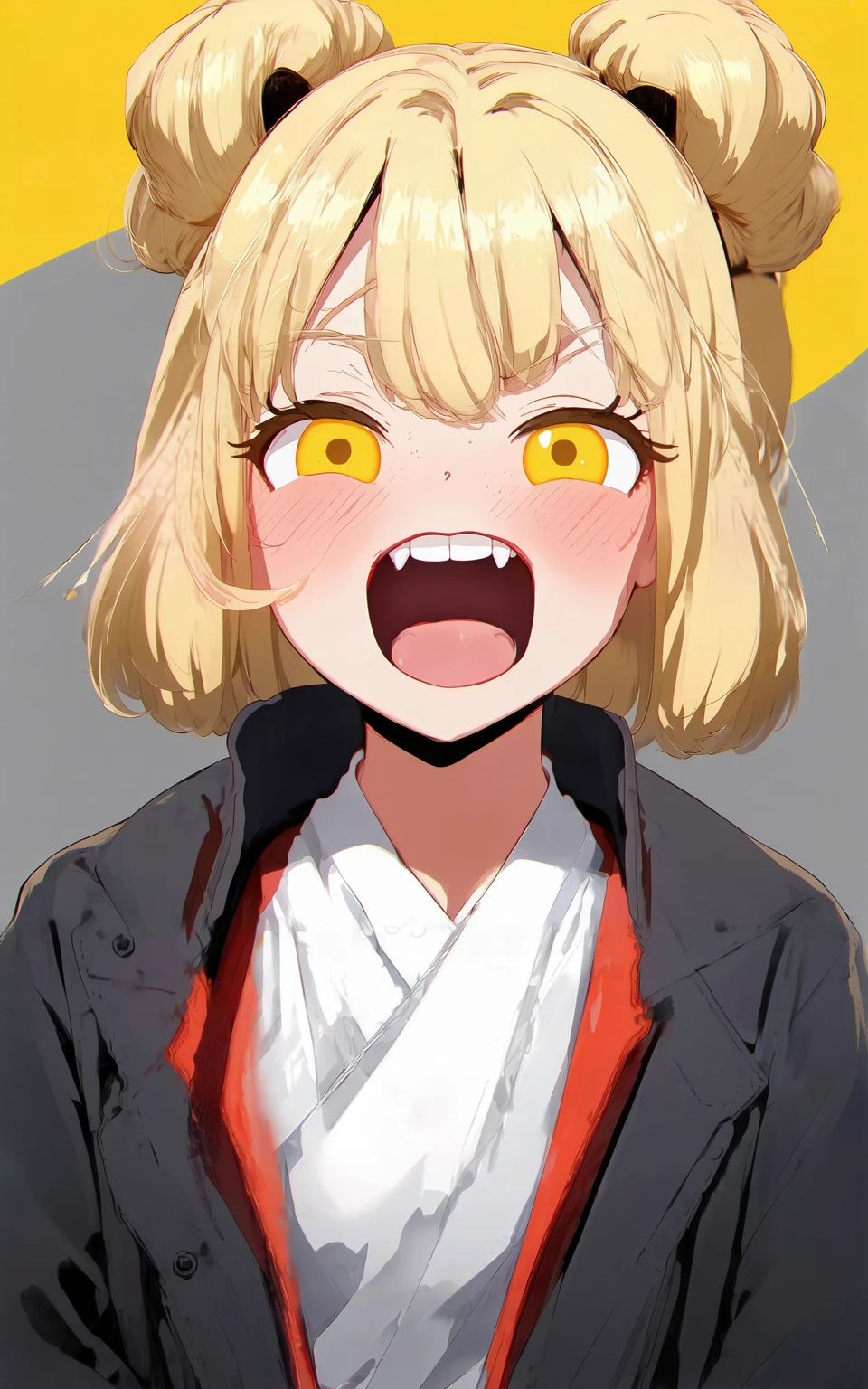 anime style, 1girl,looking at viewer,blush,smile,open mouth,bangs,blonde hair,jacket,yellow eyes,upper body,open clothes,teeth,blunt bangs,hair bun,open jacket,double bun,glowing,sharp teeth,messy hair,crazy eyes,toga himiko