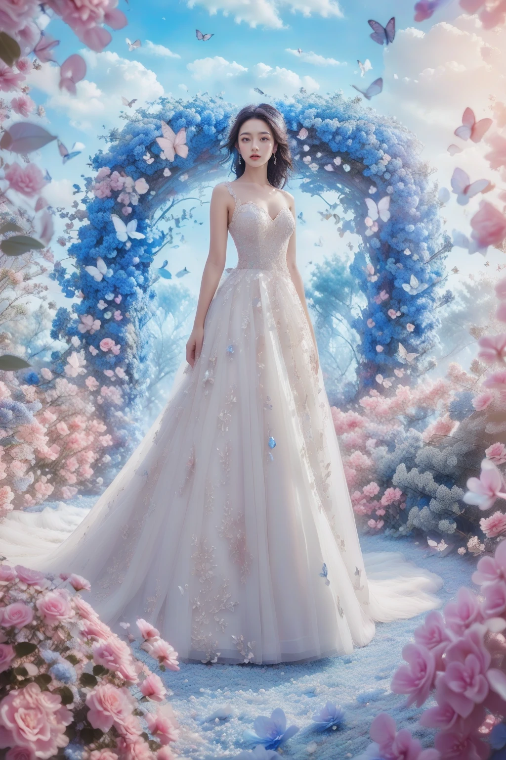 1girl, blue wedding dress, looked at viewer,blue crystal palace surrounded by flowers and trees,blue sky and clouds,against a pink dreamy background,full body shot,in the style of fantasy, high-definition,photography,dreamy background,lighting shooting,soft lighting , super details,surrealism,panoramic style,princess dress, <lora:JAY - FLOWER GATE LOVER:0.8>, (best quality:1.3)