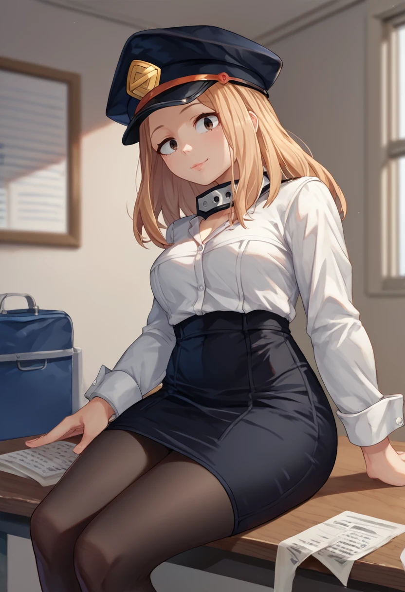 score_9, score_8_up, score_7_up, source_anime, solo, 1girl, utsushimi camie, smile, looking at viewer, sitting on table, black headwear, peaked cap, white shirt, collared shirt, black skirt, pencil skirt, black pantyhose, indoors, office <lora:mha_utsushimi_ponyXL:1>