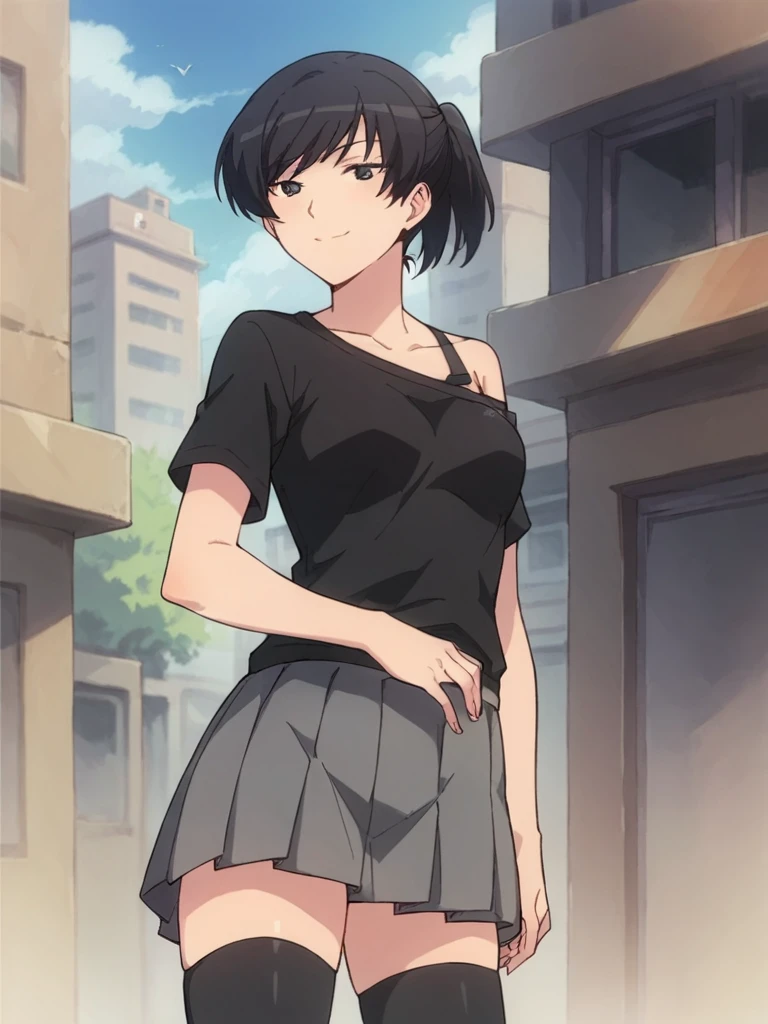 score_9, score_8_up, score_7_up, 
1girl, tsukahara hibiki, black hair, ponytail, black eyes,
medium breasts,
standing outdoors, city, solo, smile, looking at viewer, off shoulder, black t-shirt, short sleeves, pleated skirt, grey skirt, thighhighs,