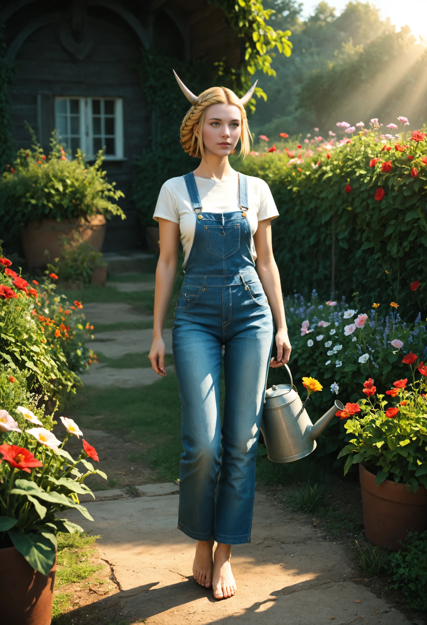 score_9, score_8_up, score_7_up,solo, , wearing denim overalls, no shirt underneath,  perfect make up, sexy farm outfit, in botanical garden, ((watering flowers)), afternoon, sunset,  chiaroscuro, volumetric lighting, hyper resolution, crystal clear textures, perfect shadows, perfect lighting, best reflections, misty, foggy, beautiful, Expressiveh ,breasts,   <lora:Kan-E-Senna:1> (Blonde hair, white horns, braid, short hair, green eyes) diagonal view, (((short woman, 5 feet tall, petite woman))) , looking to the side, watering can, Looking at the flowers, facing to the left, ((short legs, short torso)), perfect hands