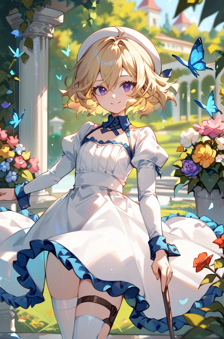 score_9, score_8_up, score_7_up, source_anime, 
garden, blurry background,
cowboy shot, smile,
white thighhighs, single prosthetic leg, light smile, floating skirt, holding cane, floating hair,
flat chest,
<lora:iwanaga_autismConfetti_v01:0.9>
blonde hair, short hair, hair between eyes, purple eyes, white beret,
white dress, puffy sleeves, frills, long sleeves, white thighhighs, blue collar, sleeve cuffs,, zPDXL