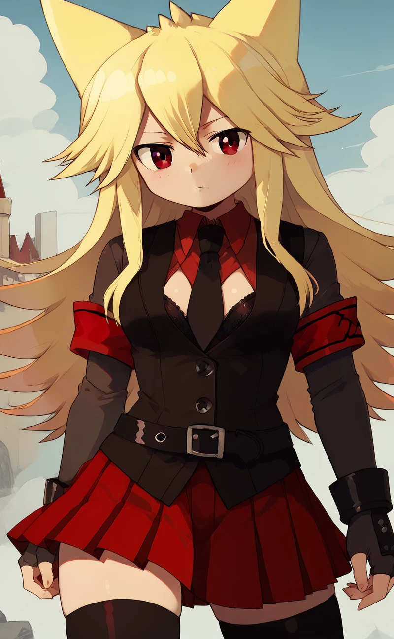 Moge-ko,Moge-ko from Mogeko castle,Moge-ko girl,<lora:Moge_v7:1>,long hair,blonde hair,red eyes,long black sleeves,animal ears,cowboy shot,pleated skirt,vest,red skirt,black necktie,long black stockings,detailed eyes,high -quality eyes,high quality eyes,<lora:helltaker_judgement_ponyXL:0.5>,open clothes,black jacket,cropped jacket,open jacket,red armband,underwear,black bra,clawed gauntlets,black panties,black thighhighs,belt,cleavage,