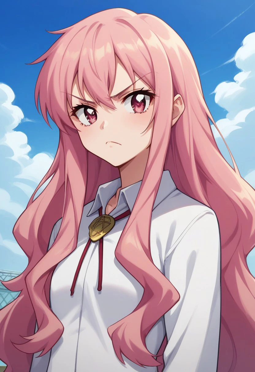 score_8_up, score_7_up, source_anime, highly detailed, 
louisezero, 1girl, solo, long hair, pentacle, pink hair, pink eyes, upper body, bolo tie, shirt, white shirt, frown
outdoor, sky,