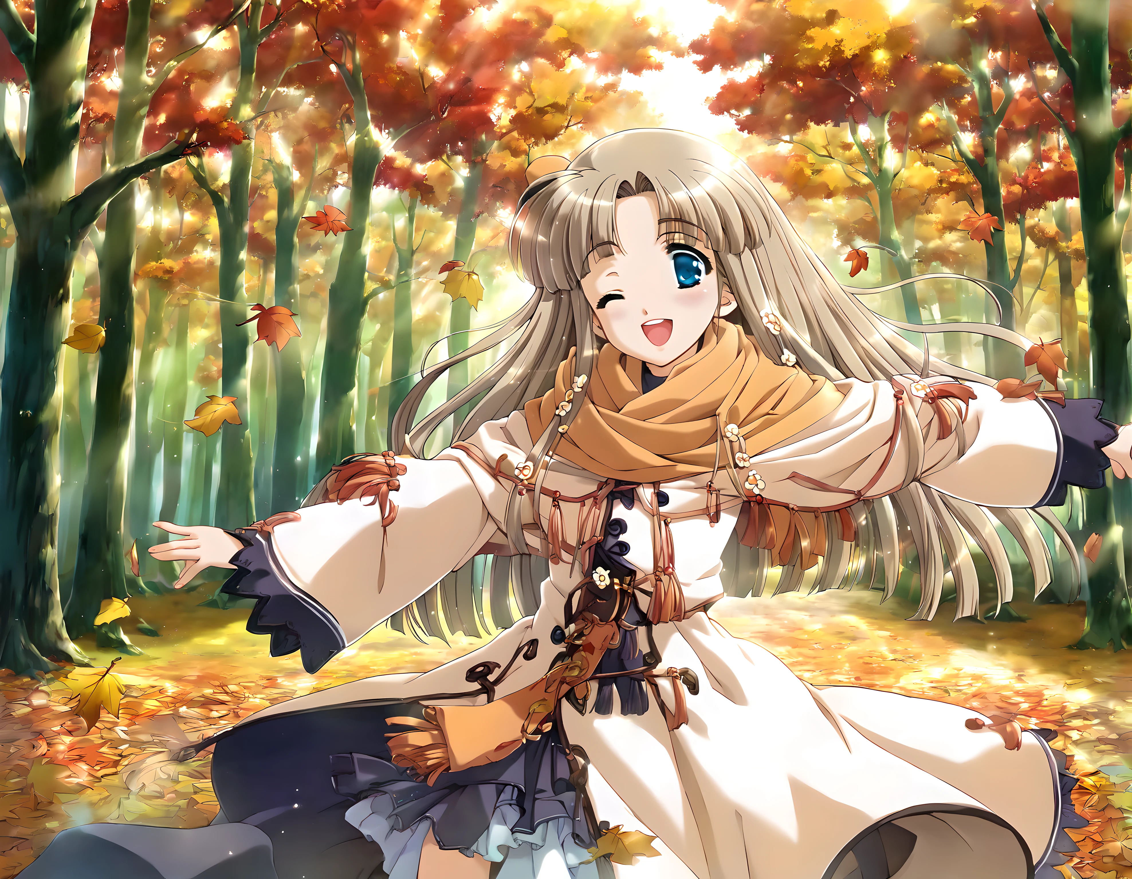 <lora:pony_xl_amu:0.9>,amu,score_9,score_8_up,score_7_up,source_anime,best quality,masterpiece,super fine illustration,1girl,solo,long_coat,long sleeves,scarf,shawl,poncho,fringe trim,rim light,light leaks,lens flare,available light,day,(autumn maple forest:1.3),the tree of the maple,futtering maple leaves,tree leaf floor,bokeh,shiny hair,hair fluttering in the wind,hair_flaps,dancing,outstretched_arms,smile,kind_smile,one-eyed wink,open your mouth and laugh,