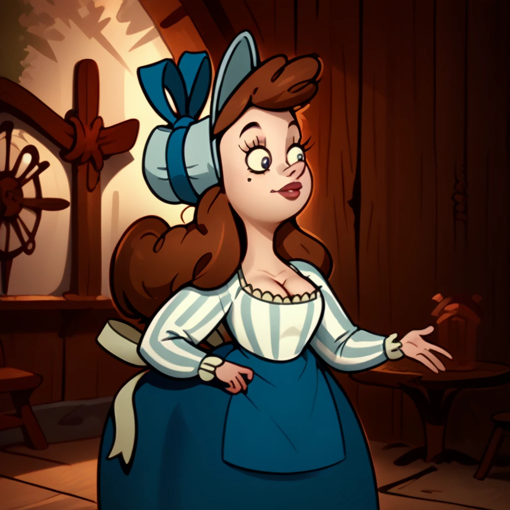 <lora:Ms_Leading_-_Misadventure_of_Flapjack:0.8>1girl, solo, brown hair, mole, long hair, blouse, striped shirt, ruffles, bonnet, bow, hat, puffy sleeves, curvy, bustle dress, blue skirt, blue apron, striped, dress, breasts, cleavage, apron, long sleeves,, source_cartoon, score_9, score_8_up, score_7_up,