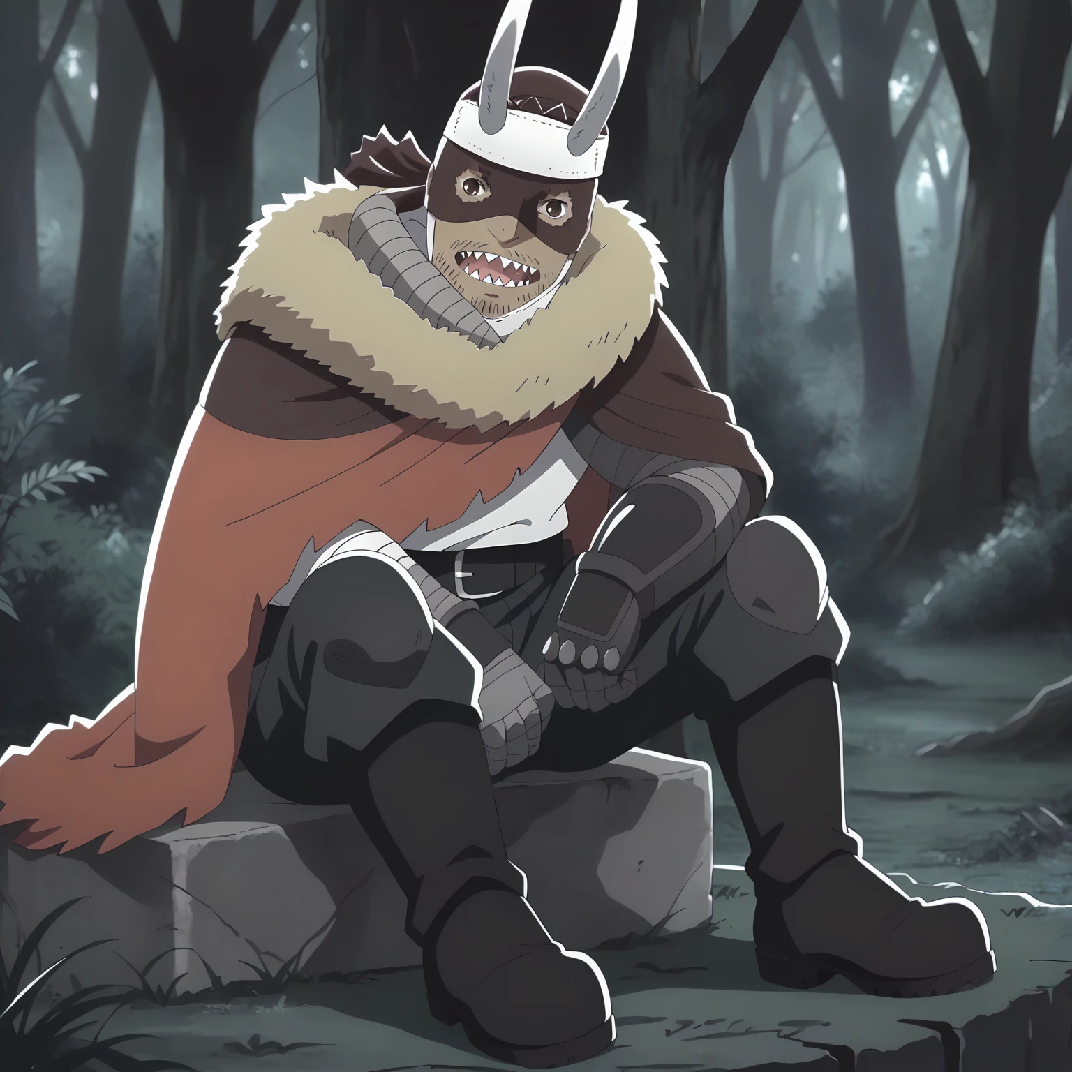 <lora:IBtSWTFF_AshuraXLpony001>,
open mouth,
solo,
Ashura,1boy,mask,horned headwear,headband,brown eyes,sharp teeth,
fur-trimmed cape,
white shirt,
bandages arms,gauntlets,
black belt,black pants,
boots,
outdoors,nature,
sitting,