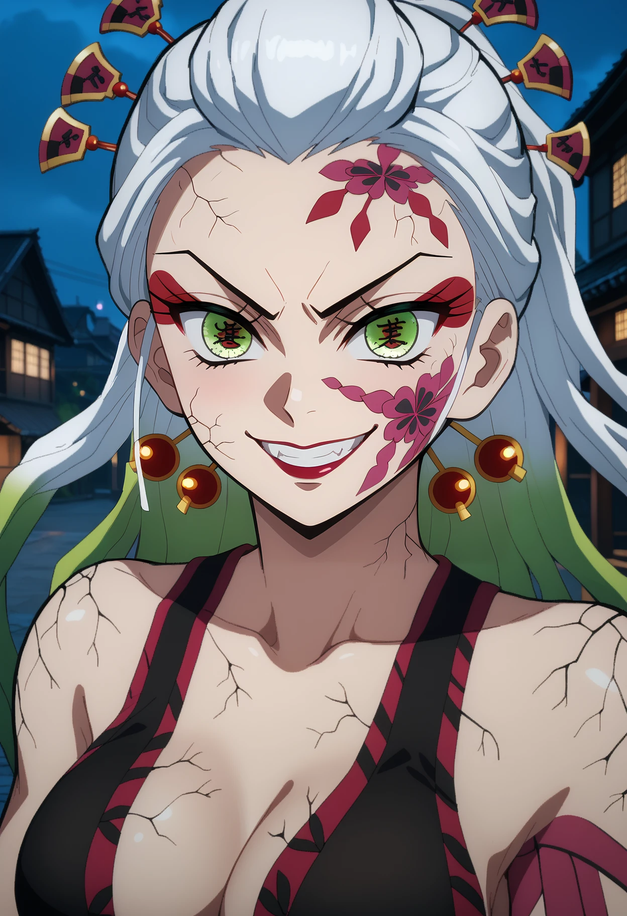score_9,
<lora:KimetsuNoYaiba_DakiXL:0.9>, DakiKnY,
1girl, solo, grin, teeth, evil smile,
multicolored hair, white hair, green hair, multicolored eyes, long hair, hair ornament, hair stick, facial mark, makeup, lipstick,
(colored skin:1.2), cracked skin,
japanese clothes, bare shoulders, print bra, black bra,
looking at viewer, close-up,
outdoors, blurry background, photo background, night, building, wood
