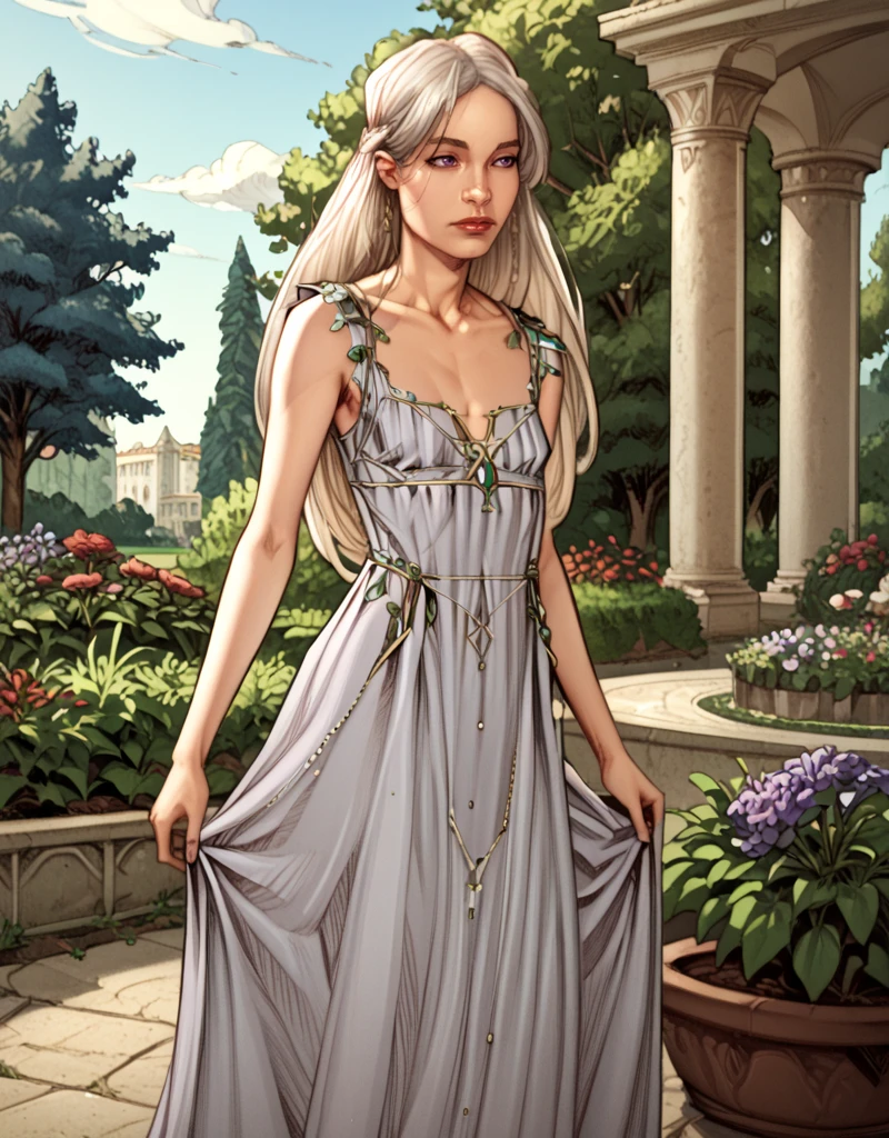 score_9, score_8_up, score_7_up, score_6_up, Daenerys-Targaryen, GoT-GraphicNovel, 1girl, solo focus, purple eyes, silver hair, long hair, slim hips, thin legs, dress, garden, blue sky, trees<lora:Daenerys_Targaryen_A_Game_of_Thrones:1>