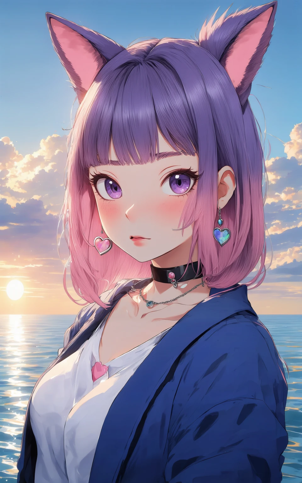 anime style, 1girl,looking at viewer,blush,bangs,shirt,hair ornament,animal ears,jewelry,purple eyes,upper body,pink hair,purple hair,heart,multicolored hair,earrings,outdoors,parted lips,open clothes,sky,choker,cloud,medium hair,water,from side,two-tone hair,looking to the side,gradient hair,ocean,black choker,cardigan,blue jacket,sunset,colored inner hair,heart earrings,heart choker