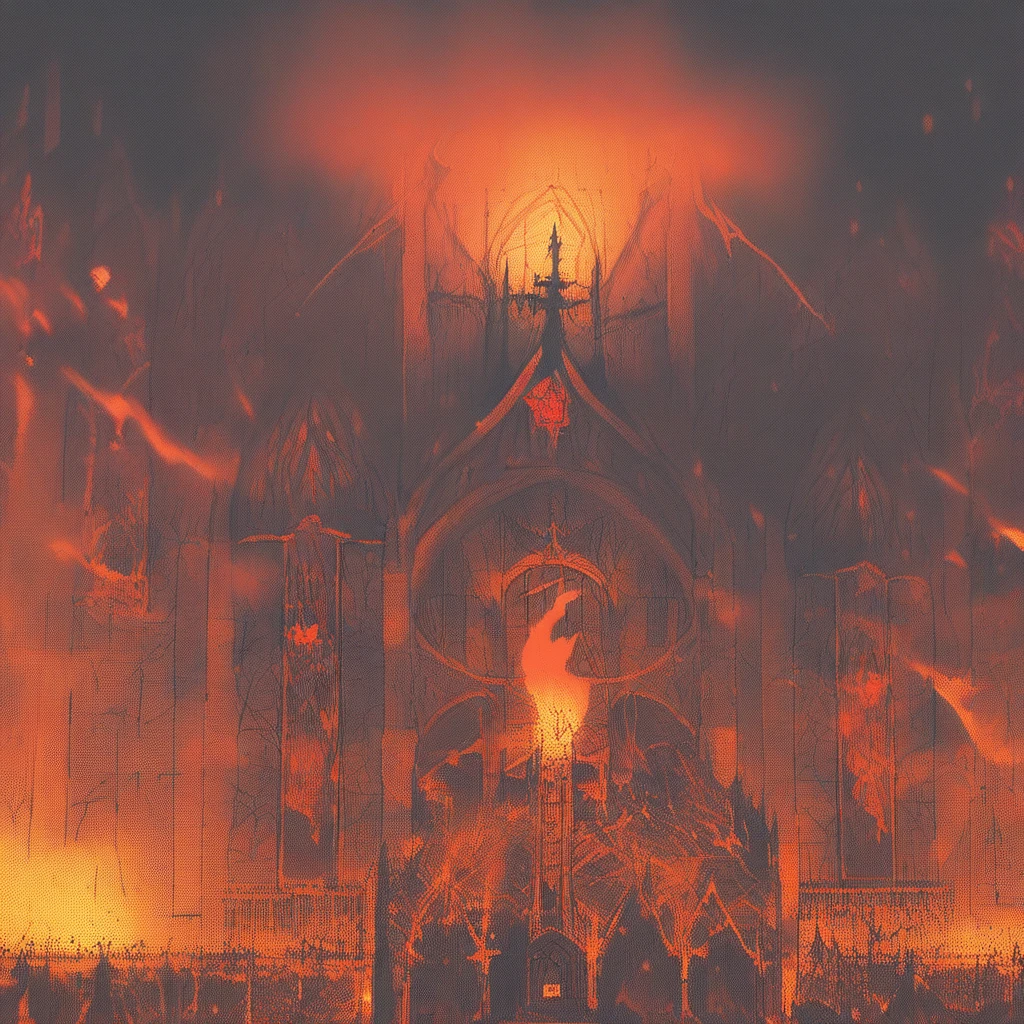 landscape, burning church, vampire man, vampire woman, highest quality, illustration, ledroit, score_9, score_8