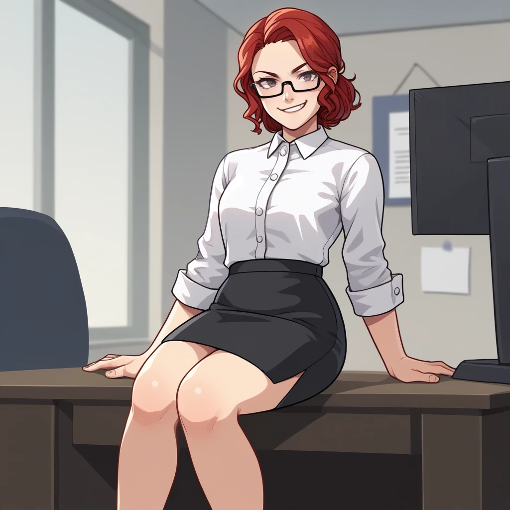 score_9, score_8_up, score_7_up, score_6_up, score_5_up, score_4_up, zPDXL2,source_anime, rating_questionable, 1girl, solo, <lora:Jesse_Faden_-_Control:0.8> j3sse, red hair, white button up, black pencil skirt, sitting on desk, looking at viewer, smirk,glasses, office desk, office scene