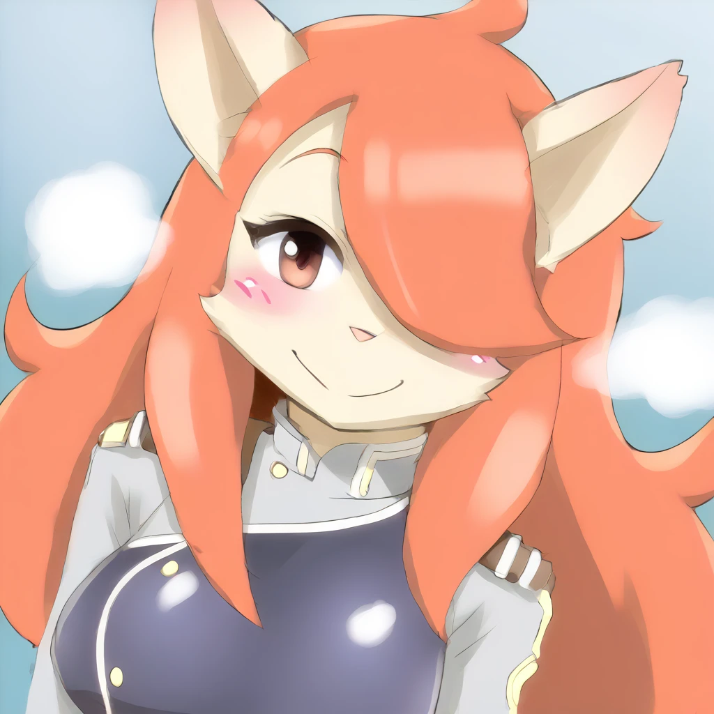 source_anime,source_furry,source_game,female,anthro,furry, Hanna Fondan, in swimsuit uniform, blush, hot body, steam, smile, looking at viewer, long hairs, orange hairs,  hair over one eye