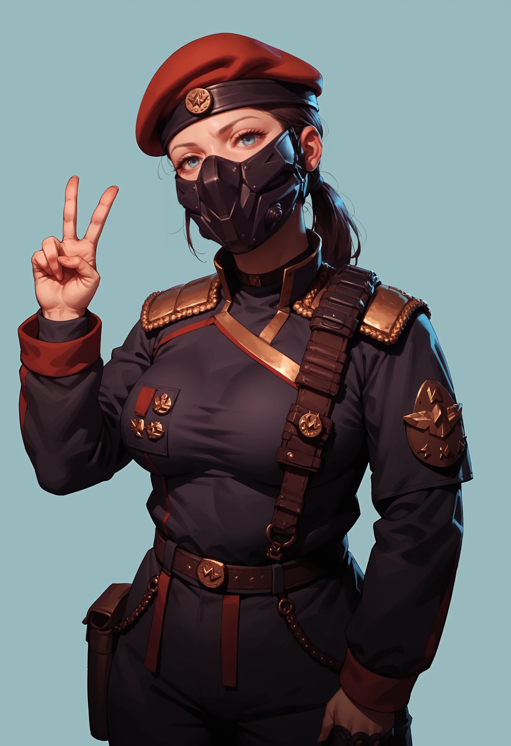 score_9, score_8_up, score_7_up, score_6_up, score_5_up, score_4_up, 1girl, <lora:LtMelnik:0.75> solo, large breasts, beret, hat, mask, military, uniform, v sign,
(light blue background), simple background,