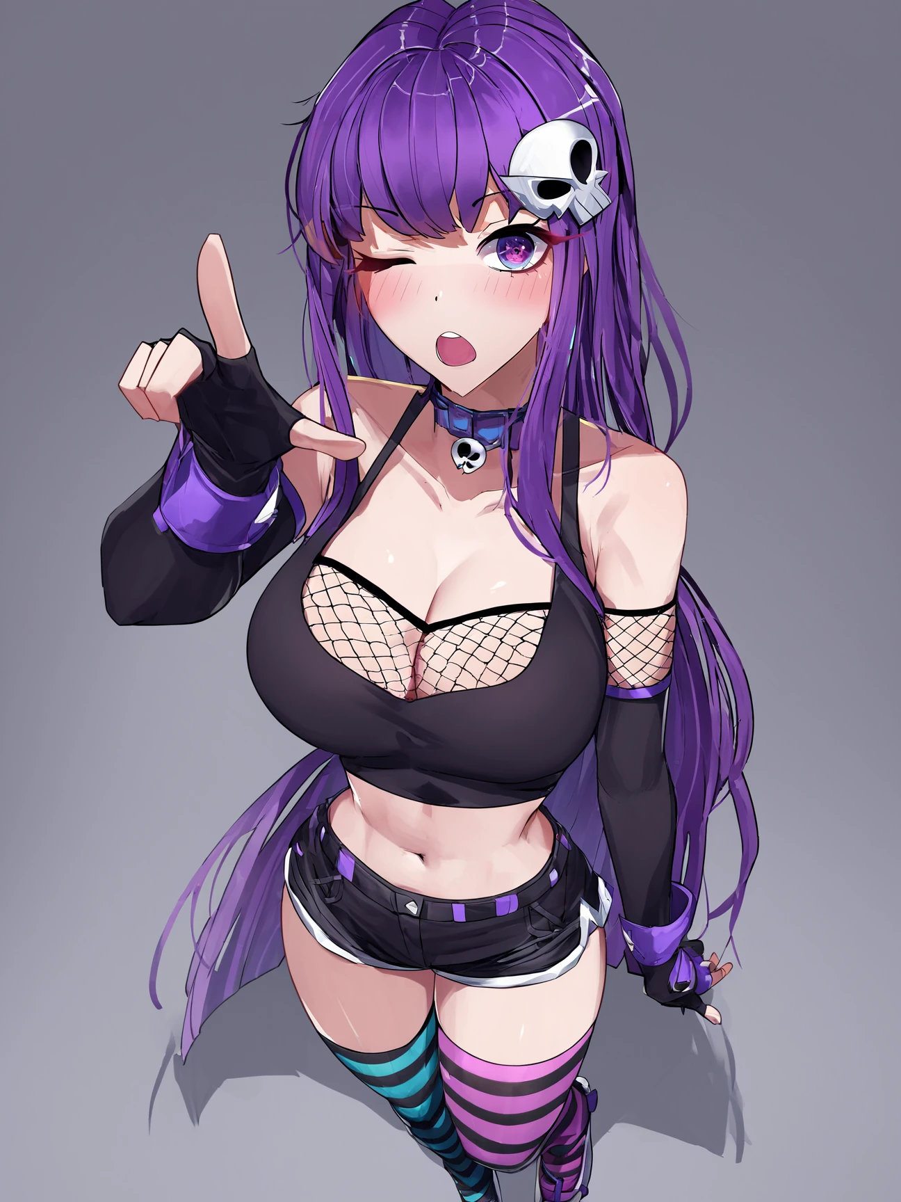 score_9, score_8_up, score_7_up, score_6_up, score_5_up, zPDXL2, max detail, 4k wallpaper, masterpiece, best quality, absurdres, highres, dynamic angle, dynamic pose, source_anime, 
TiKeepStyle,
1girl, purple hair, skull hair ornament, solo, purple eyes, long hair, breasts, thighhighs, gloves, one eye closed, hair ornament, shorts, heart, fingerless gloves, open mouth, black shorts, looking at viewer, navel, fishnets, large breasts, midriff, black shirt, blush, shirt, from above, crop top, black gloves, striped, short shorts, collar, striped thighhighs, bangs, cleavage, pointing, star (symbol), elbow gloves, asymmetrical legwear, very long hair, standing,
 <lora:TiKeepStyle:1>