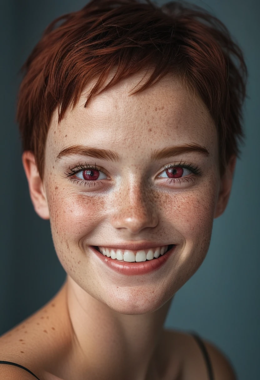 beautiful lady, (freckles), big smile, ruby eyes, short hair, dark makeup, hyperdetailed photography, soft light, head and shoulders portrait, cover