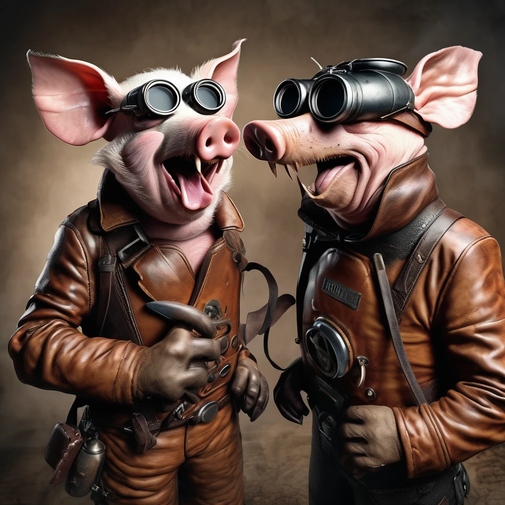 hyperrealistic art hru, two pigs standing dressed in leathers and goggles with their mouths open<lora:hogs-cnt:1> . extremely high-resolution details, photographic, realism pushed to extreme, fine texture, incredibly lifelike