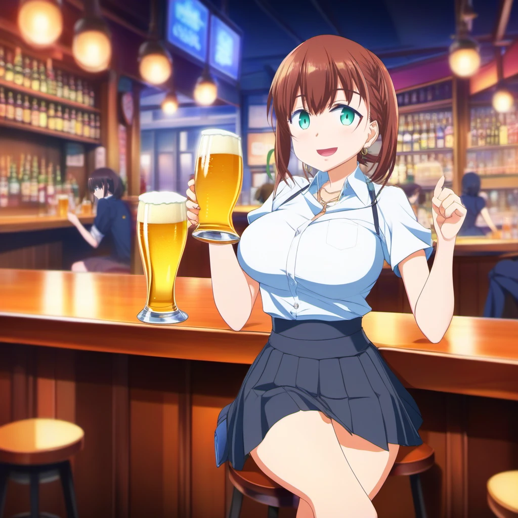 anime artwork  1girl, breast, brown hair, skirt, having a beer in a pub<lora:Tawawa1024:0.8> . anime style, key visual, vibrant, studio anime,  highly detailed